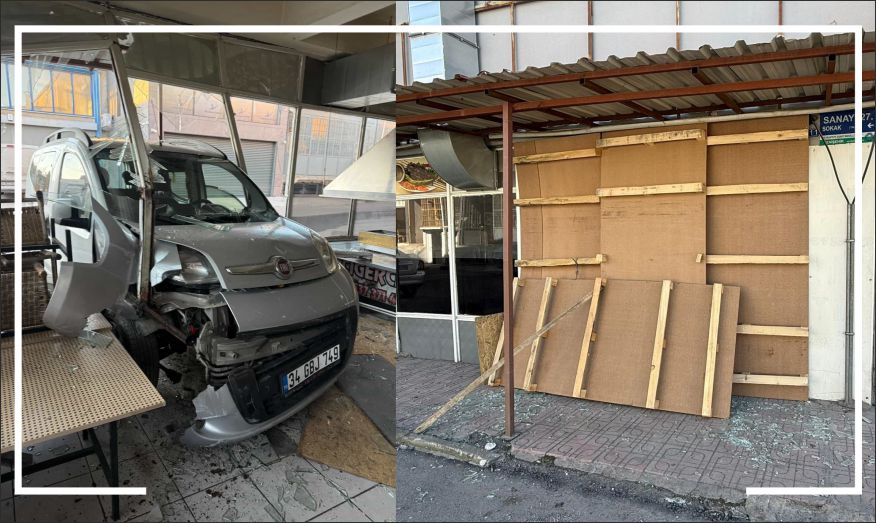 Çarpışan araçlardan biri iş yerine daldı