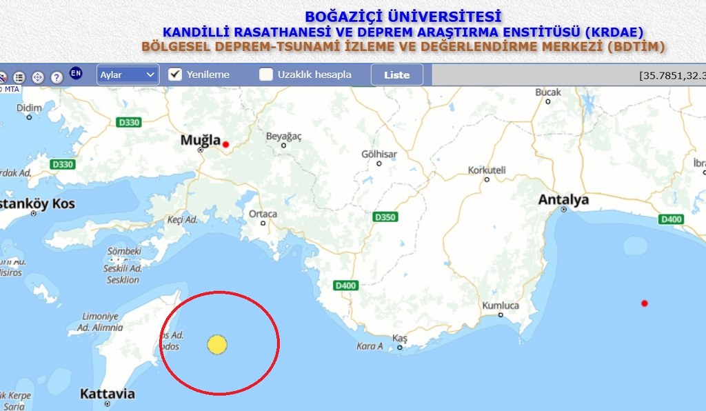 Akdeniz’de Fethiye açıklarında 4 büyüklüğünde deprem