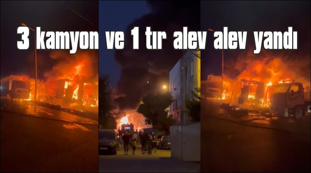  3 kamyon ve 1 tır alev alev yandı, ortalık savaş alanına döndü