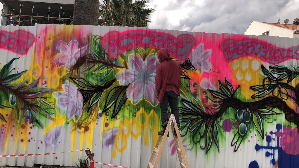 Datça’da yapımı süren okulun duvarları Badem Çiçeği Festivali’ne hazırlandı