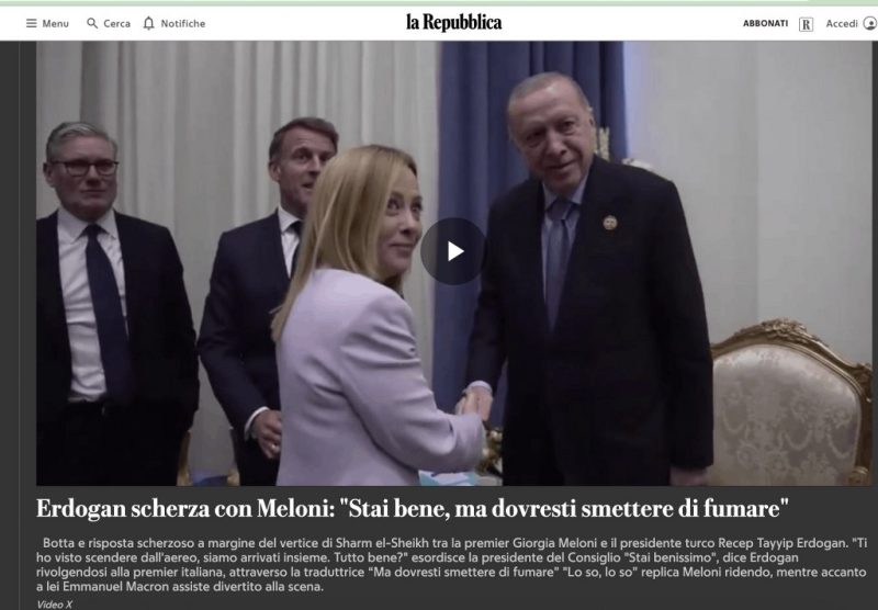 Erdoğan’ın İtalya Başbakanı Meloni’ye sigara uyarısı İtalya basınında