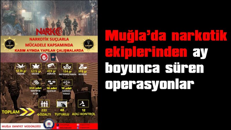 Muğla’da narkotik ekiplerinden ay boyunca süren operasyonlar
